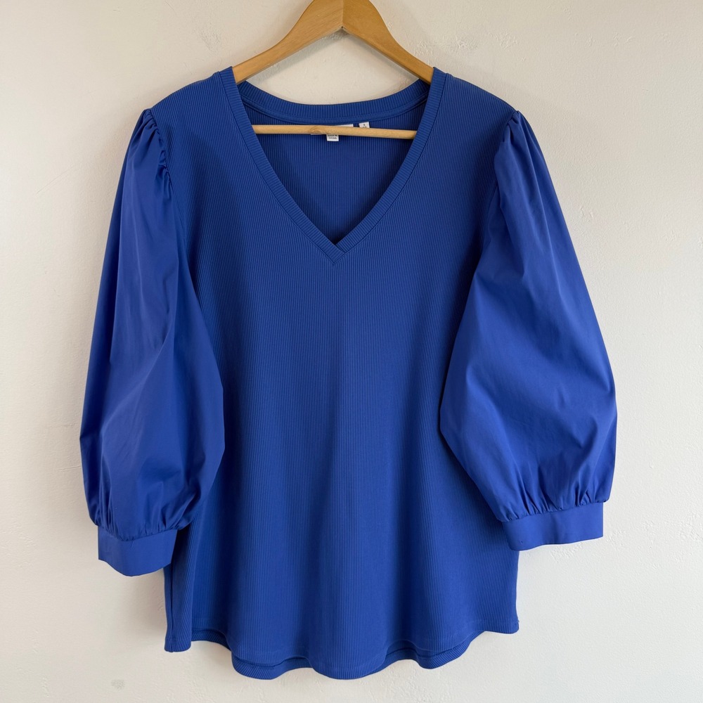 Chico's Royal Blue Ribbed Puff Sleeve Mixed Media Top Stretch Blouse Chic XL 3